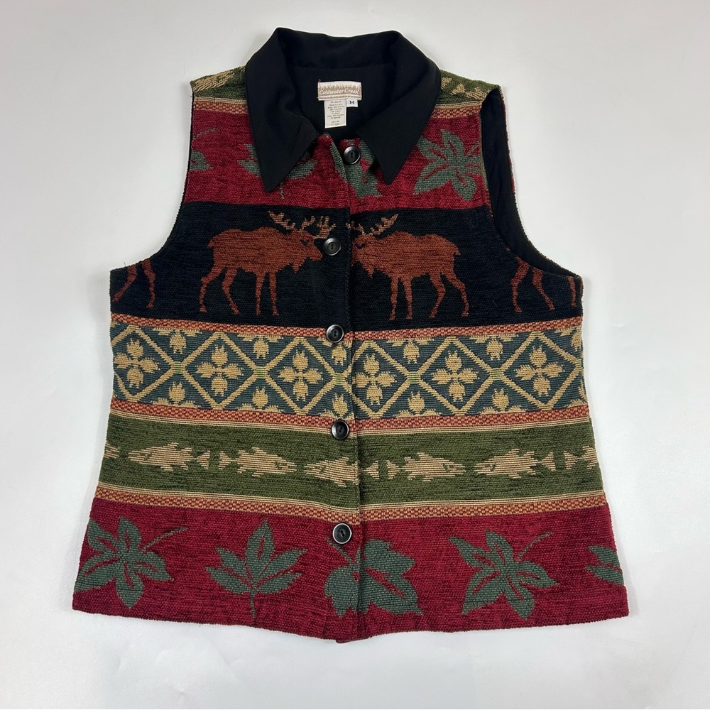 Vintage Coldwater Creek Womens Medium Moose Tapestry Vest Mountain Cabincore